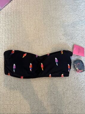 NWT kate spade Black Bandeau Swim Top with Colorful Parrot Print - Medium